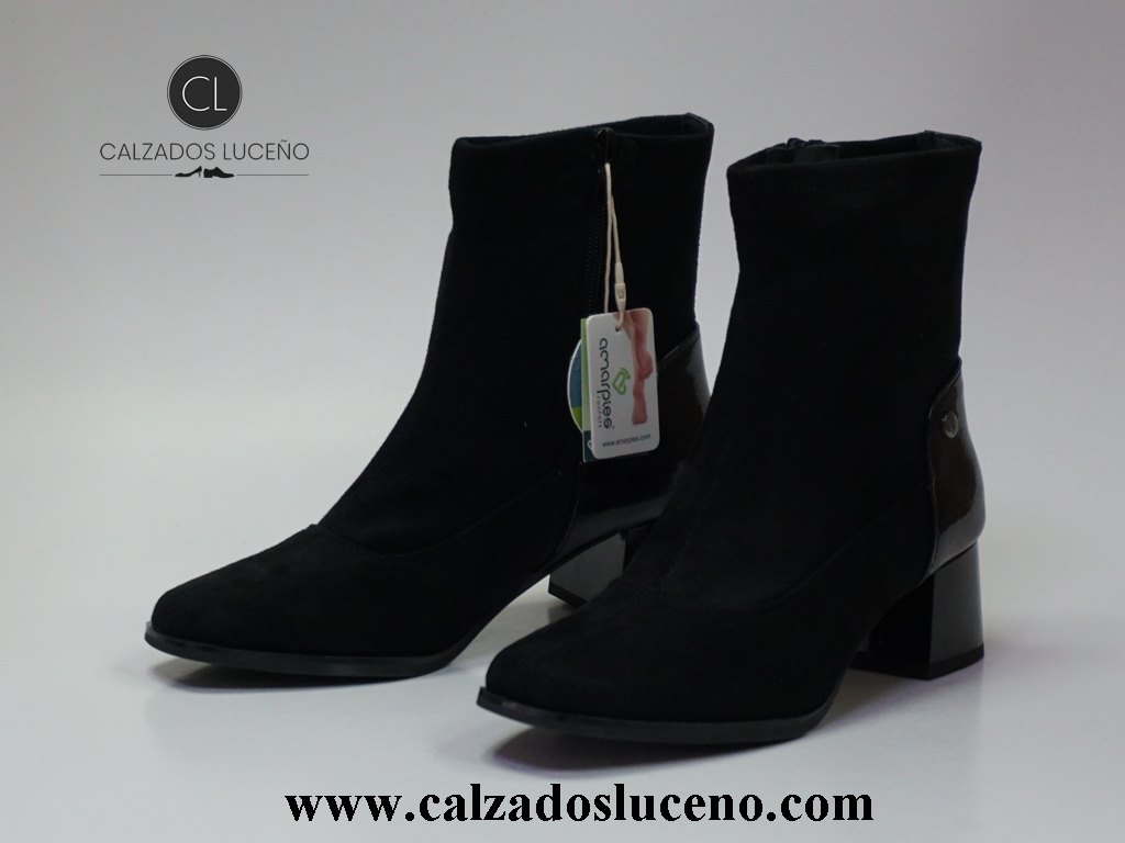 Amarpies Botin Tacon Mujer Licra Negro Modelo AMD27127 Con El Taco en Charol Fabricadas en Antelina Se Adaptan Al Pie.